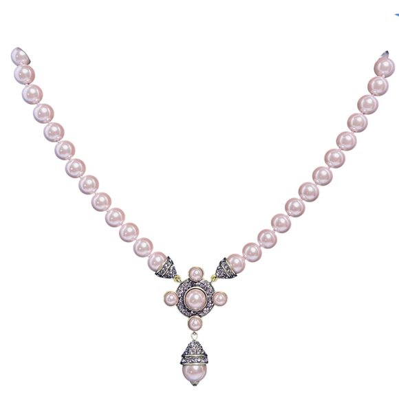 Heidi Daus Brass Tone Faux Pink Pearl And Crystal Choker Necklace (6010) - Picture 2 of 9